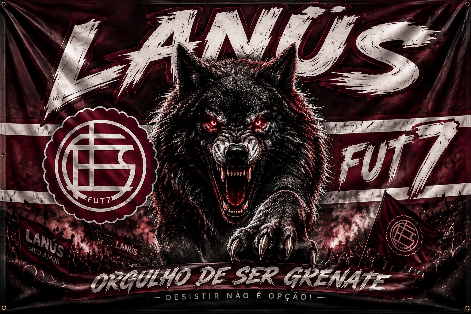 Bandeirão do Lanús Fut7 com o mascote lobo